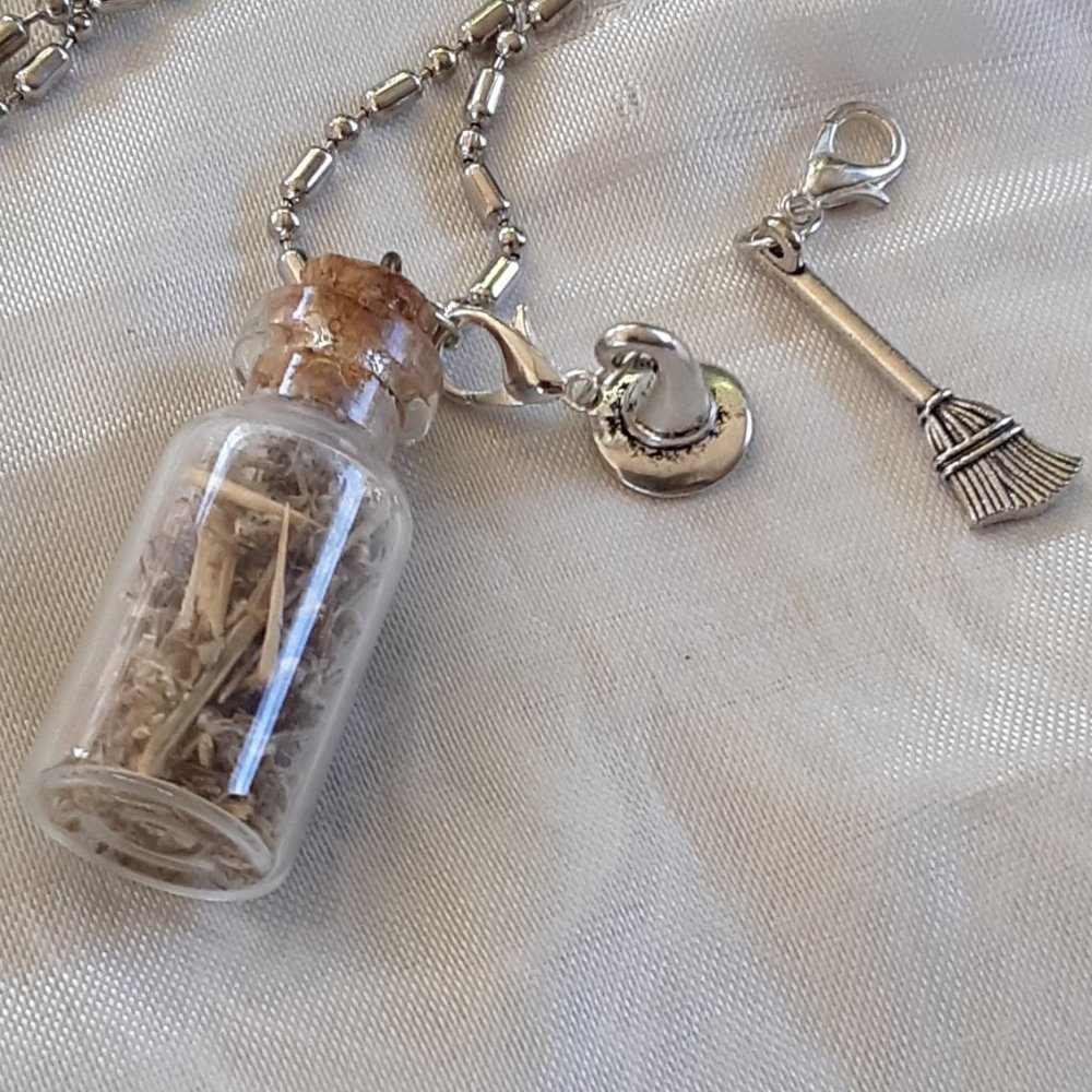 COPY- Wormwood Glass Bottle Necklace 3D Witch Hat Broom Zipper Pulls Handmade - Picture 6 of 7